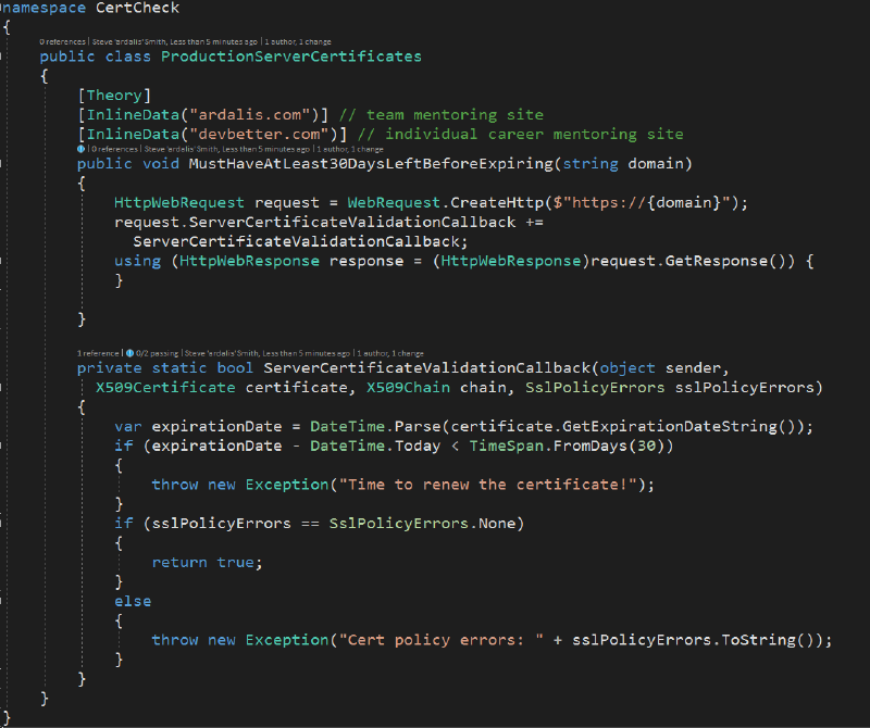 xUnit code listing showing how to verify an SSL certificate has at least 30 days remaining.
