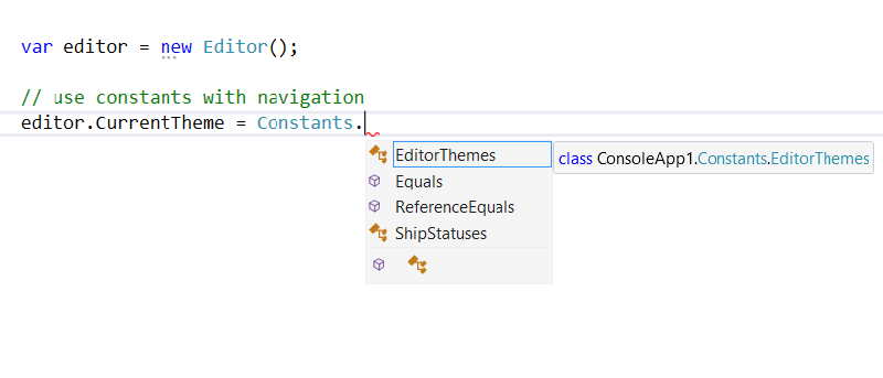 screenshot showing intellisense of constants in groups
