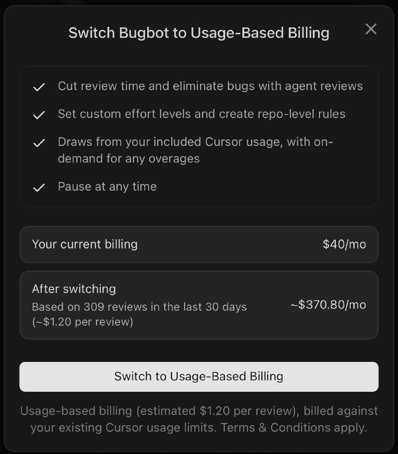 Cursor Bugbot Current Billing $40/mo; after switching estimate: $370/mo