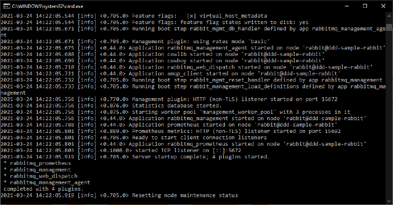 Console window launched by Stream Deck with RabbitMQ process running via Docker
