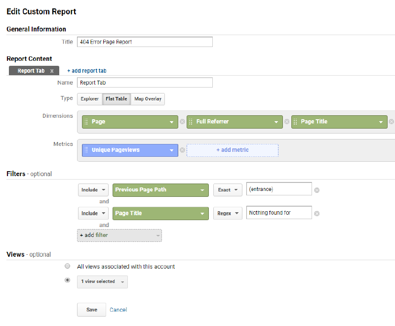 Google Analytics Custom 404 Report