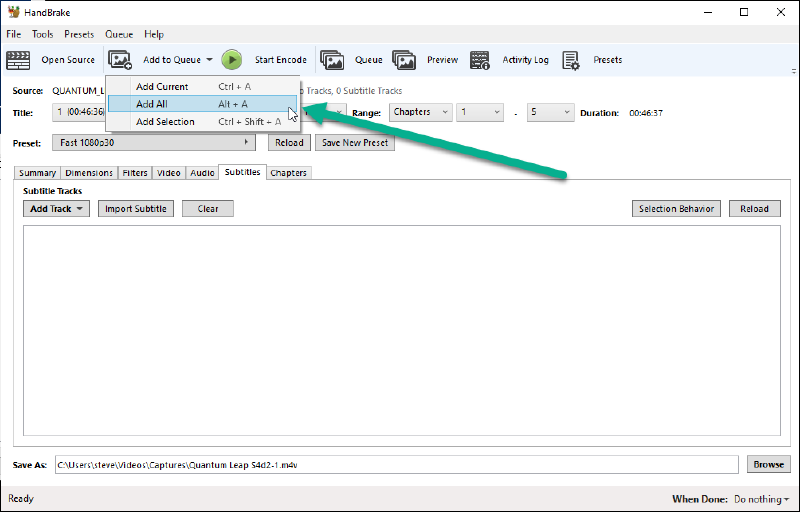 handbrake add all to queue