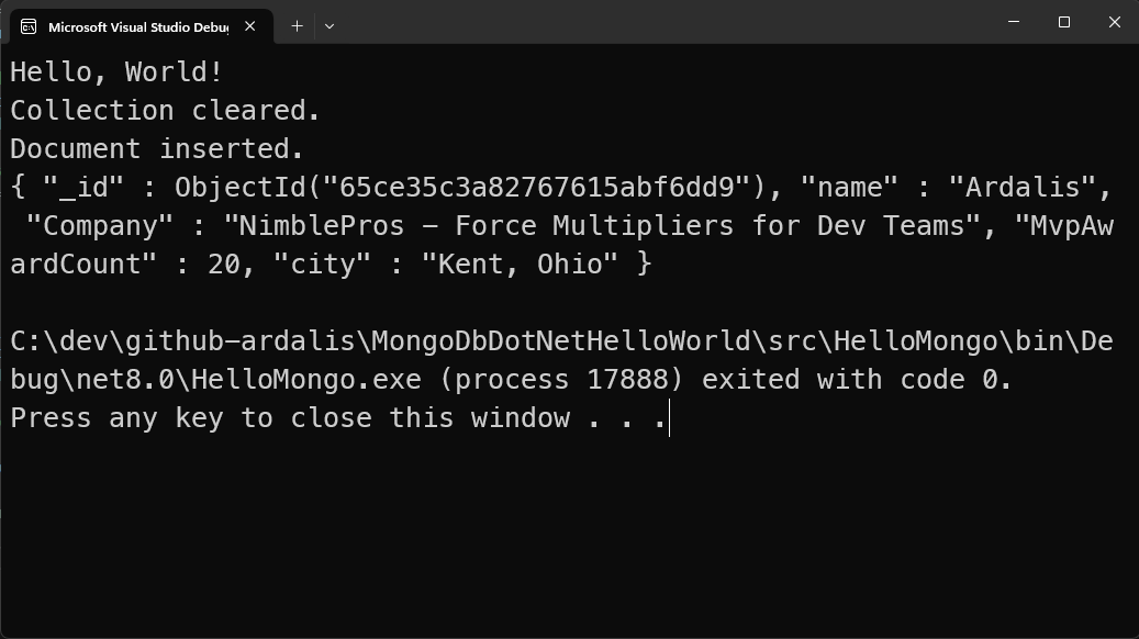 hello mongo console output