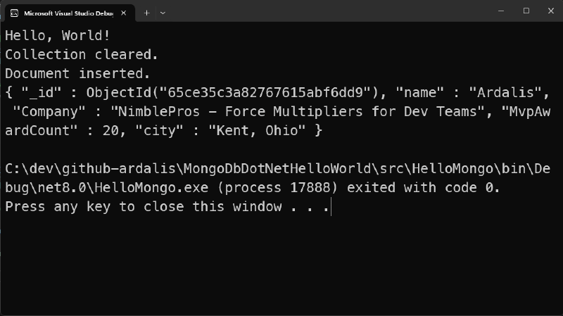 hello mongo console output