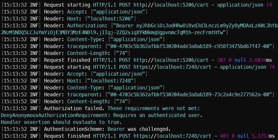 Request from.http file showing logged headers