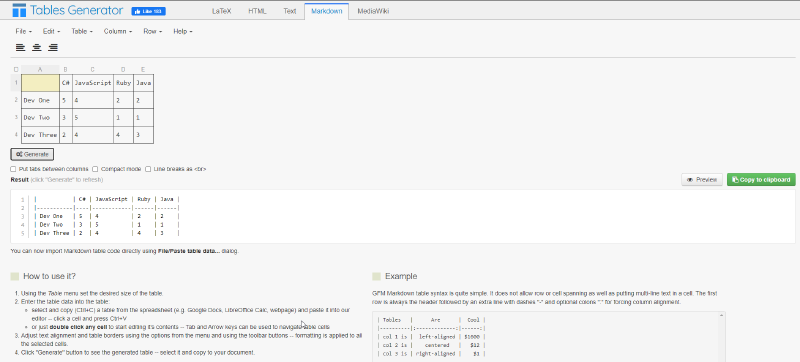 Markdown Table Generator Sample