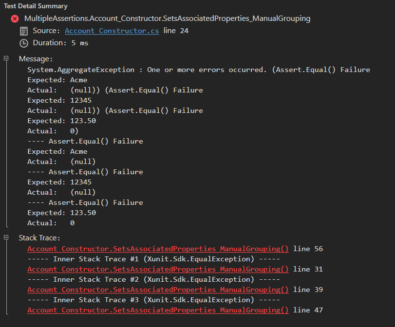 test failure message - manual grouping