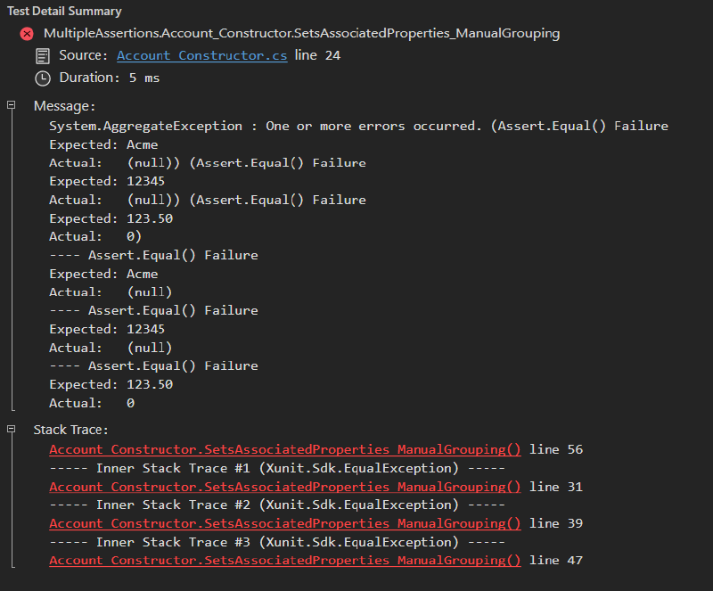 test failure message - manual grouping