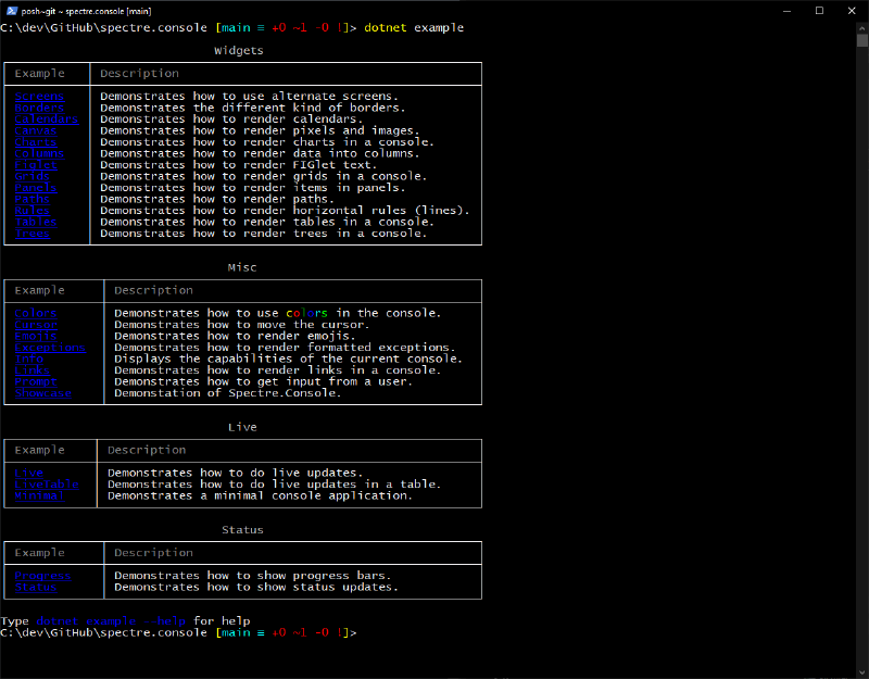 console listing spectre.console examples
