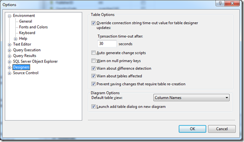 sql server table options