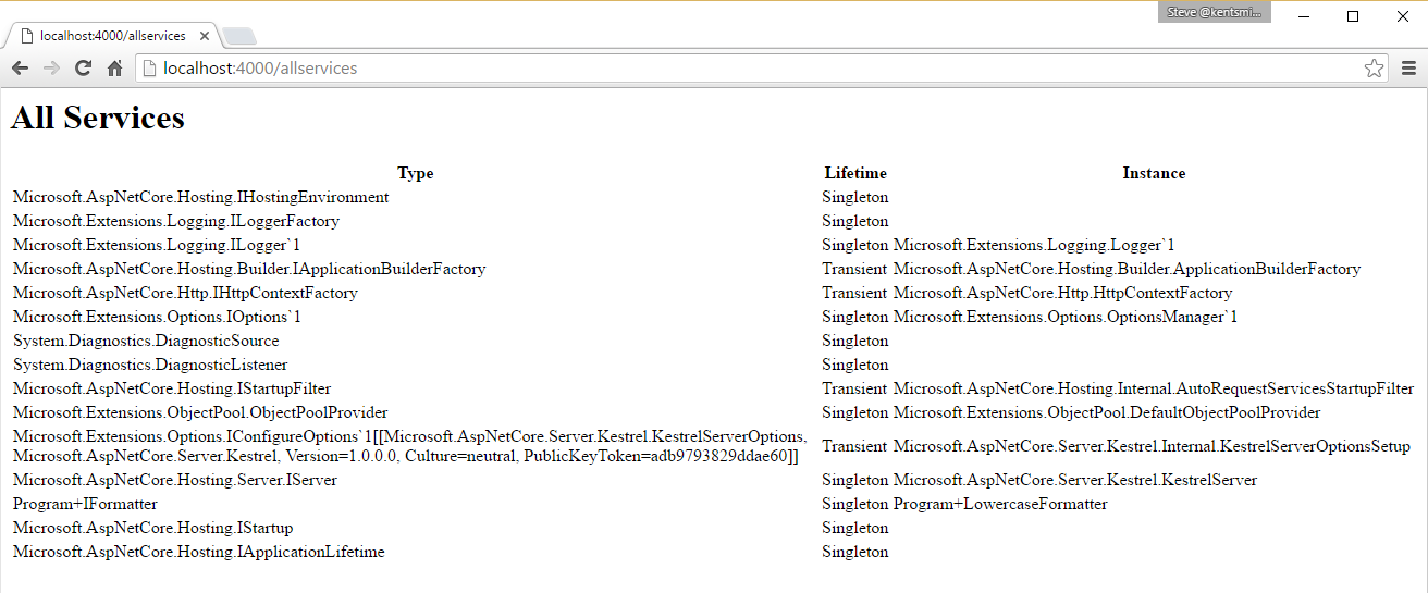 browser showing html services output