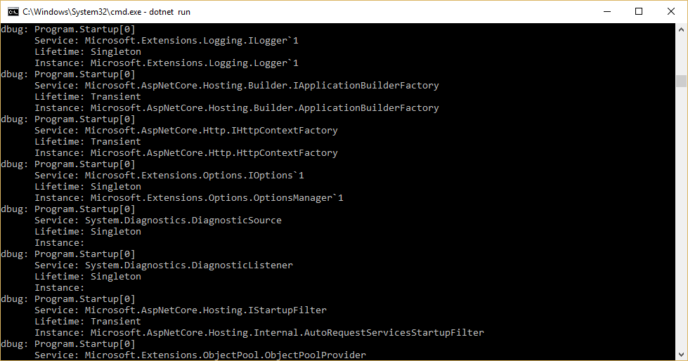 console output of services