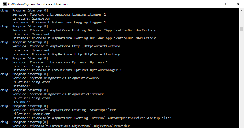 console output of services