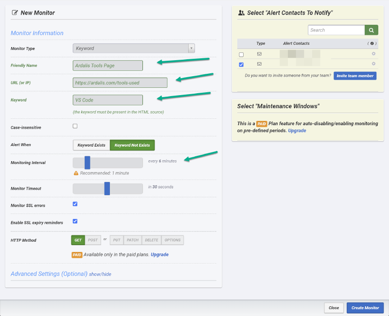 UptimeRobot create keyword monitor
